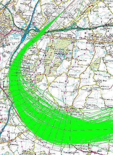 Before – flight tracks using traditional navigation procedures on the Clacton 22 departure route.